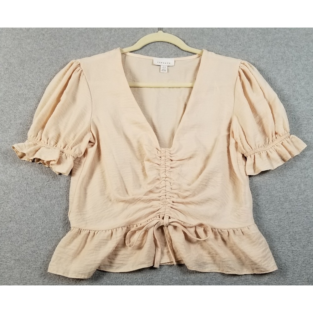 Topshop Peplum Blouse Women's 6 Beige Sheer Ruched Front Puff Sleeve V-Neck‎ Top
